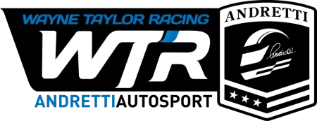 Wayne Taylor Racing WTR logo with Andretti Autosport in blue and white letters on black background