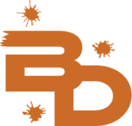 Orange stylized BD logo with three orange starburst shapes on a transparent background