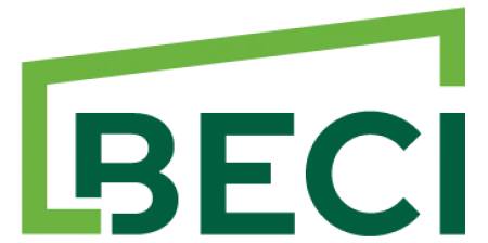 Logo of BECI featuring dark green text and a green angular border element.
