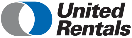 United Rentals logo with interlocking grey and blue circles and black text.
