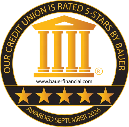 Gold and black seal showing a credit union rated 5 stars by Bauer with five gold stars and website link.