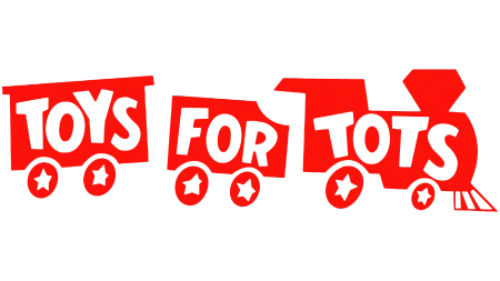 Red toy train spelling out Toys for Tots with star-shaped wheels on a transparent background