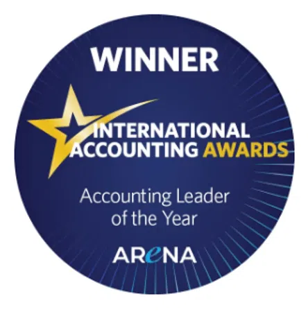 International Accounting Awards winner badge for Accounting Leader of the Year by Arena on blue background