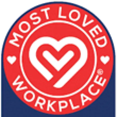 Most Loved Workplace Top 100 2024 badge with heart symbol on red and blue background.