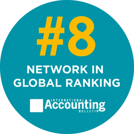 #8 network in global ranking badge by International Accounting Bulletin on teal background