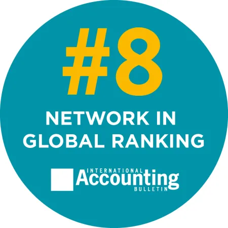 Blue circular badge showing #8 network in global ranking by International Accounting Bulletin