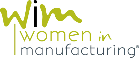 Women in Manufacturing logo with stylized green 'wm' and text emphasizing women in manufacturing.