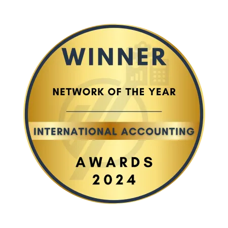 Gold winner badge for Network of the Year at the 2024 International Accounting Awards.