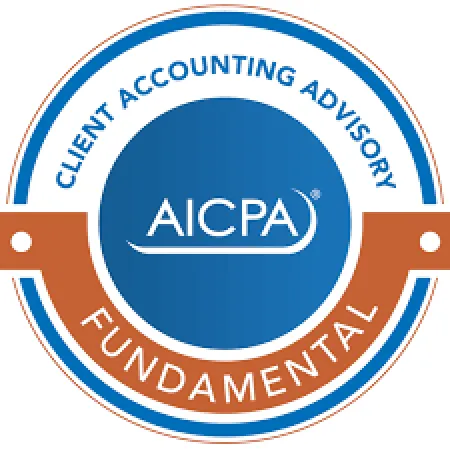 Blue and orange circular badge with AICPA logo and text Client Accounting Advisory Fundamental