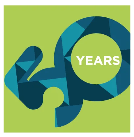 Colorful geometric 40 with the word YEARS inside the zero on a lime green background