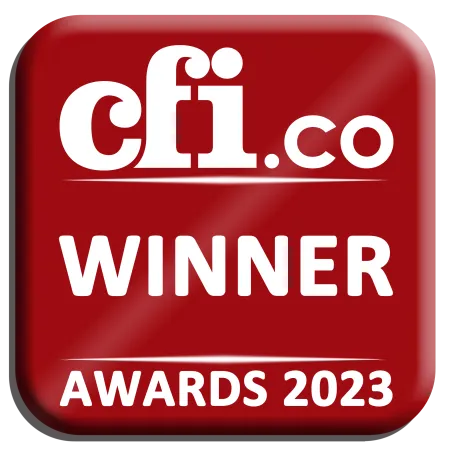 Red square badge with white text cfi.co Winner Awards 2023 on glossy background