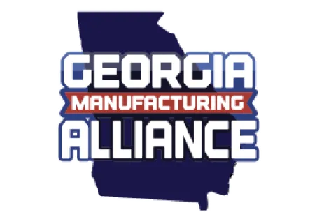 Logo of Georgia Manufacturing Alliance with bold white and red text over blue Georgia state outline.