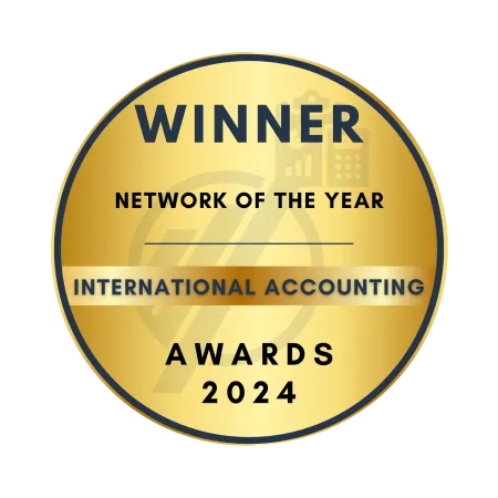 Gold medal for Winner Network of the Year at International Accounting Awards 2024 with financial icons.