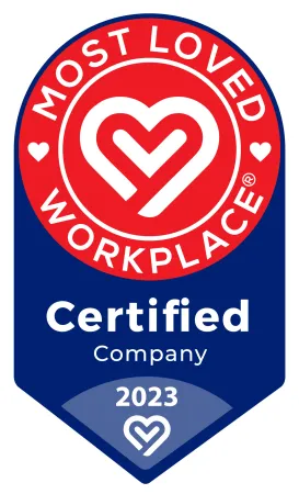 Most Loved Workplace certified company badge for 2023 with red heart logo and blue background