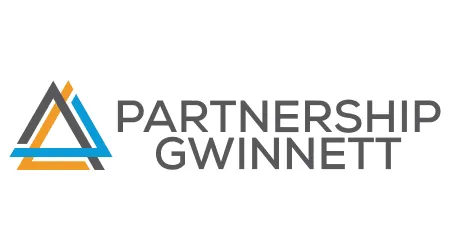Partnership Gwinnett logo with interlocking orange, blue, and gray triangular shapes and gray text on white background