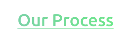 Green text stating Our Process with underline on white background, highlighting workflow or steps concept.