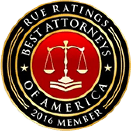 Round emblem with gold scales of justice on red center, text 'Best Attorneys of America 2016 Member' on black ring