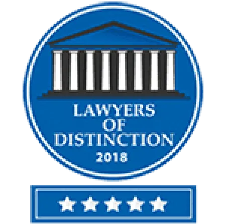 Blue circular badge with courthouse icon and text Lawyers of Distinction 2018 and five-star rating below