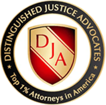 Seal of Distinguished Justice Advocates featuring a red and gold shield and the text Top 1% Attorneys in America