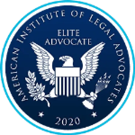 Seal of the American Institute of Legal Advocates with eagle, olive branch, and text Elite Advocate 2020.