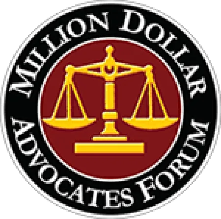 Round logo with golden scales of justice on a red background, surrounded by the text Million Dollar Advocates Forum.
