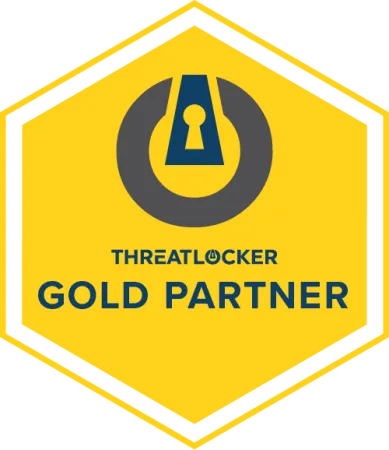 ThreatLocker Gold Partner hexagonal badge with lock icon on yellow background