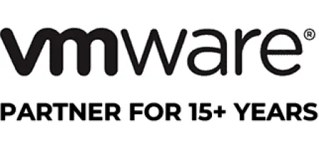 VMware logo with text indicating partnership for over 15 years in black on white background