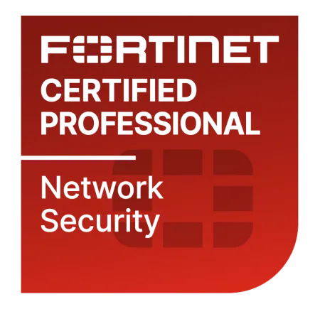 Fortinet Certified Professional Network Security badge with red background and bold text.