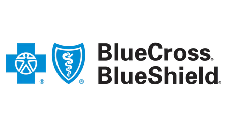 Blue Cross Blue Shield logo with blue cross and shield icons alongside bold black text.