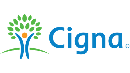 Cigna logo featuring a blue human figure with green leaves forming a tree on a white background.