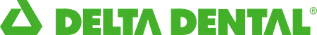 Green Delta Dental logo with a triangular icon and bold uppercase text on transparent background