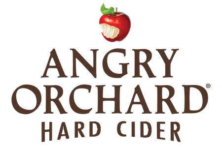 Angry Orchard Hard Cider logo with a bitten red apple above brown text on a transparent background