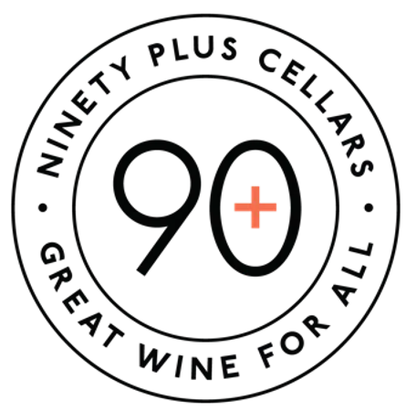 Ninety Plus Cellars logo featuring a black circular design with '90+' in the center and slogan around the edge.