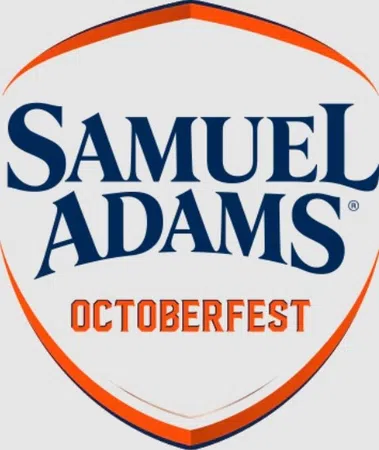 Samuel Adams Octoberfest logo with blue text and orange shield outline on white background