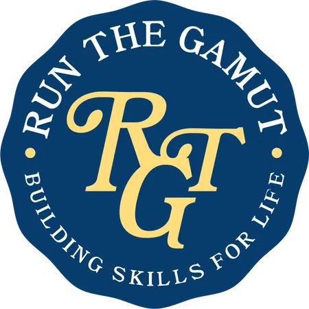 Blue circular logo with gold letters RTG and white text 'Run The Gamut Building Skills For Life'.