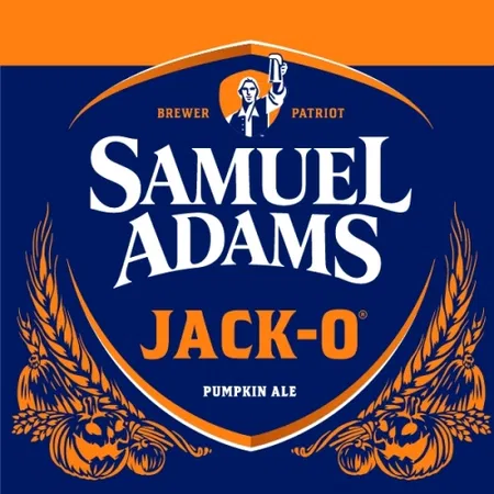 Samuel Adams Jack-O pumpkin ale logo with orange and blue colors and autumnal pumpkin illustrations.