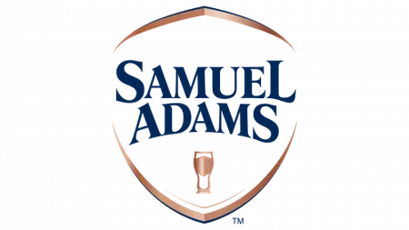 Samuel Adams logo with navy text and a copper shield outline featuring a small beer glass icon.