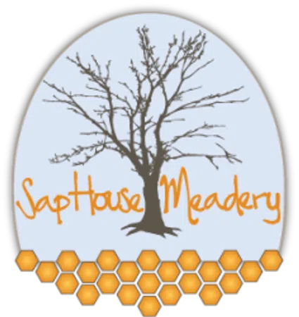 Logo of SapHouse Meadery featuring a leafless tree with orange text and honeycomb pattern at bottom