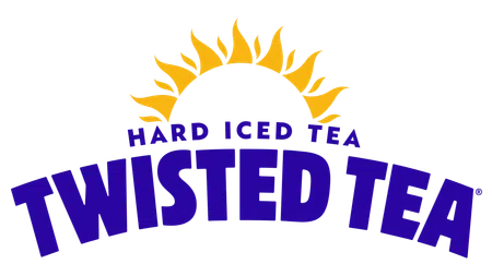 Twisted Tea logo featuring bold blue text and a stylized yellow sun graphic above it representing hard iced tea.