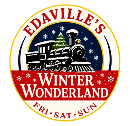 Logo of Edaville's Winter Wonderland featuring a snow-covered train and Christmas tree with snowflakes on a circular background.