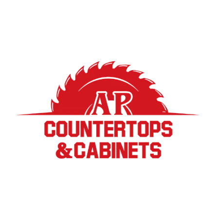 Red circular saw blade logo with AR initials above countertops and cabinets text in bold red.