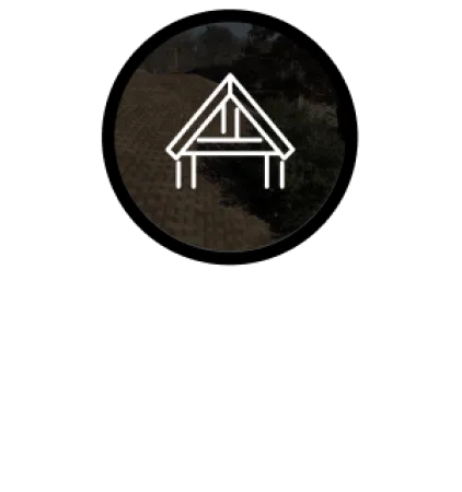 White roofing structure icon above the word roofing on a black background