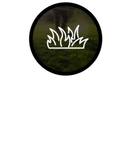 White lawn care icon over a circular photo of grass and a person mowing, with 'LAWN CARE' text below.