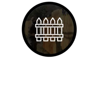 Wooden fence icon with a person installing a wooden fence in the background, text reading FENCING below.