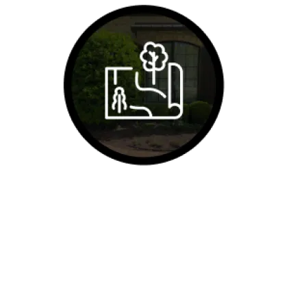 White landscaping design icon with tree and pathway over black background and text landscaping