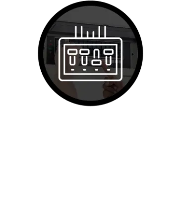 Hands working on electrical service panel with overlay icon and text service panel upgrades