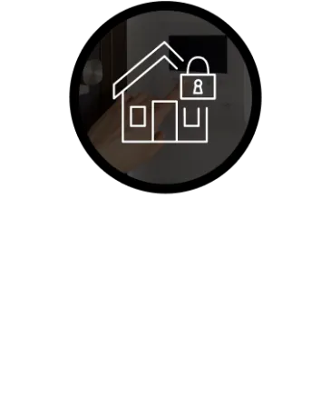 Icon of a secure house with a lock symbol overlaid on a hand activating a security device