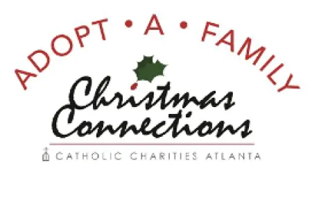 Logo for Catholic Charities Atlanta Christmas Connections Adopt a Family program with holly accents