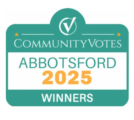Community Votes Abbotsford 2025 Winners logo with teal background and orange highlights