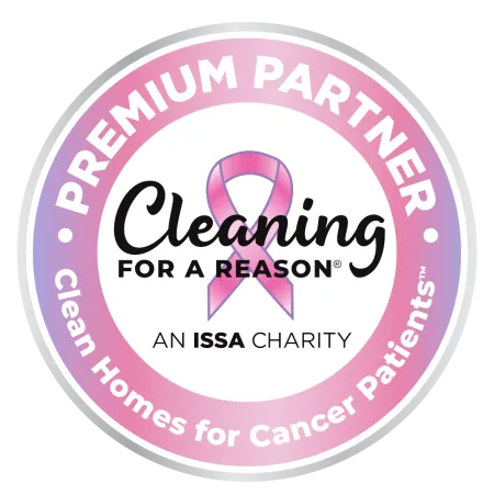 Circular pink badge for Cleaning for a Reason charity supporting clean homes for cancer patients.